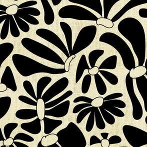 Retro Whimsy Daisy- Flower Power on Eggshell - Black Floral- Large Scale