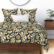 Retro Whimsy Daisy- Flower Power on Black - Eggshell Yellow Floral- Large Scale