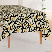 Retro Whimsy Daisy- Flower Power on Black - Eggshell Yellow Floral- Large Scale