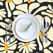 Retro Whimsy Daisy- Flower Power on Black - Eggshell Yellow Floral- Large Scale