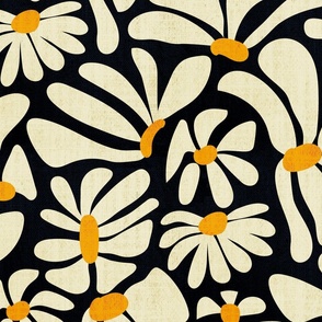 Retro Whimsy Daisy- Flower Power on Black - Eggshell Yellow Floral- Large Scale