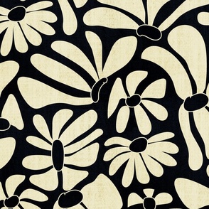 Retro Whimsy Daisy- Flower Power on Black - Eggshell Floral- Large Scale