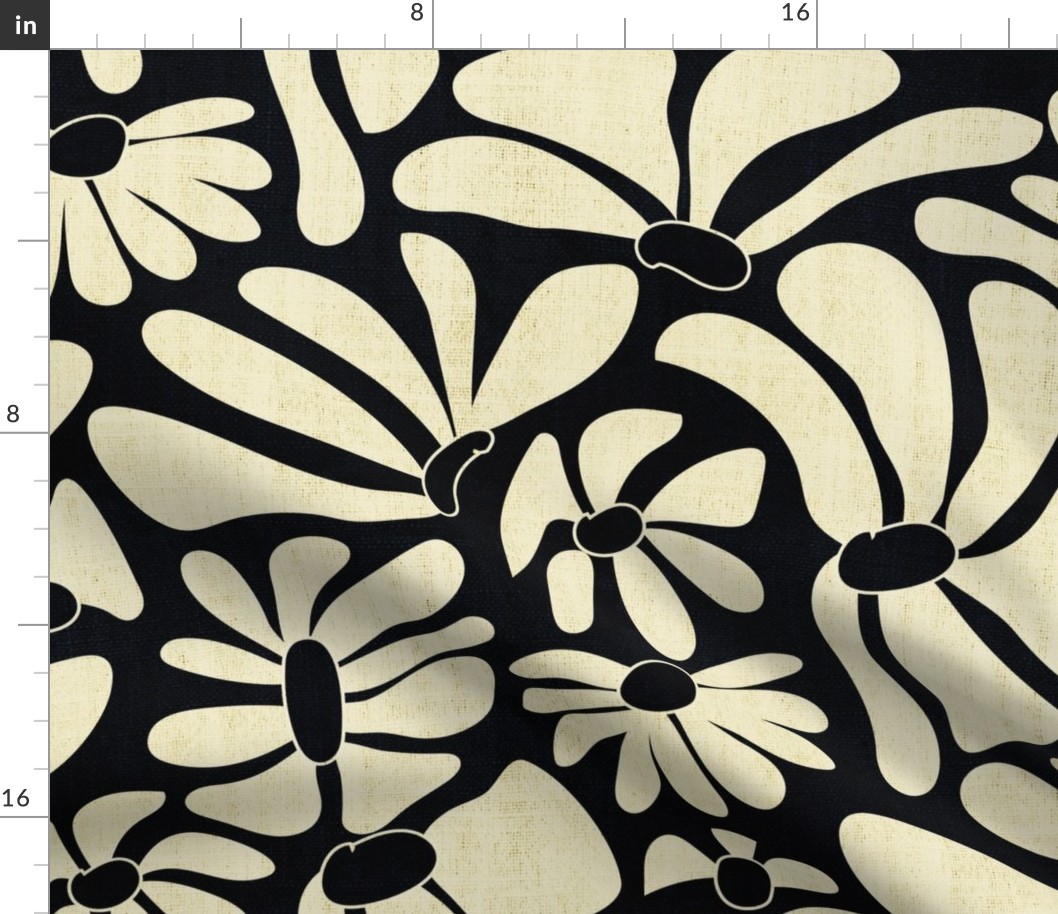Retro Whimsy Daisy- Flower Power on Black - Eggshell Floral- Large Scale
