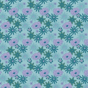 Flower Power 70s floral on blue