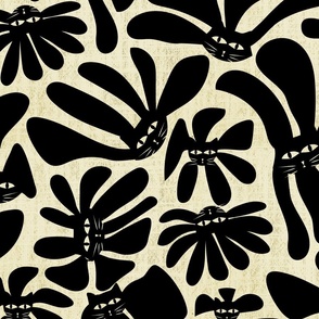 Black Cat Retro Whimsy Daisy- Flower Power on Eggshell - Halloween Floral- Large Scale
