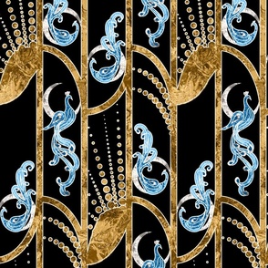 Mystical Peacock Deco- Black Gold Blue- Regular Scale