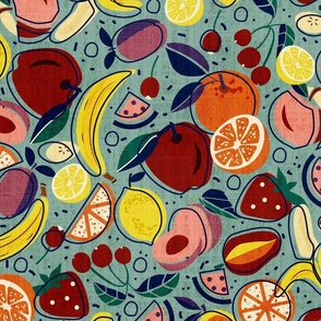 Fruitilicious-Mixed Fruit Collage- Mod Papercut- Rainbow on Jade- Large Scale