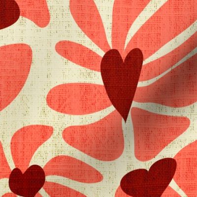 Retro Whimsy Heart Daisy- Flower Power on Eggshell - Coral Red Floral- Large Scale