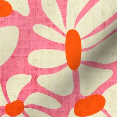 Retro Whimsy Daisy- Flower Power on Pink - Orange Eggshell Floral- Large Scale