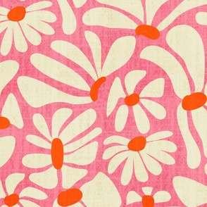 Retro Whimsy Daisy- Flower Power on Pink - Orange Eggshell Floral- Large Scale