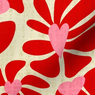 Retro Whimsy Heart Daisy- Flower Power on Eggshell - Red Pink Floral- Large Scale