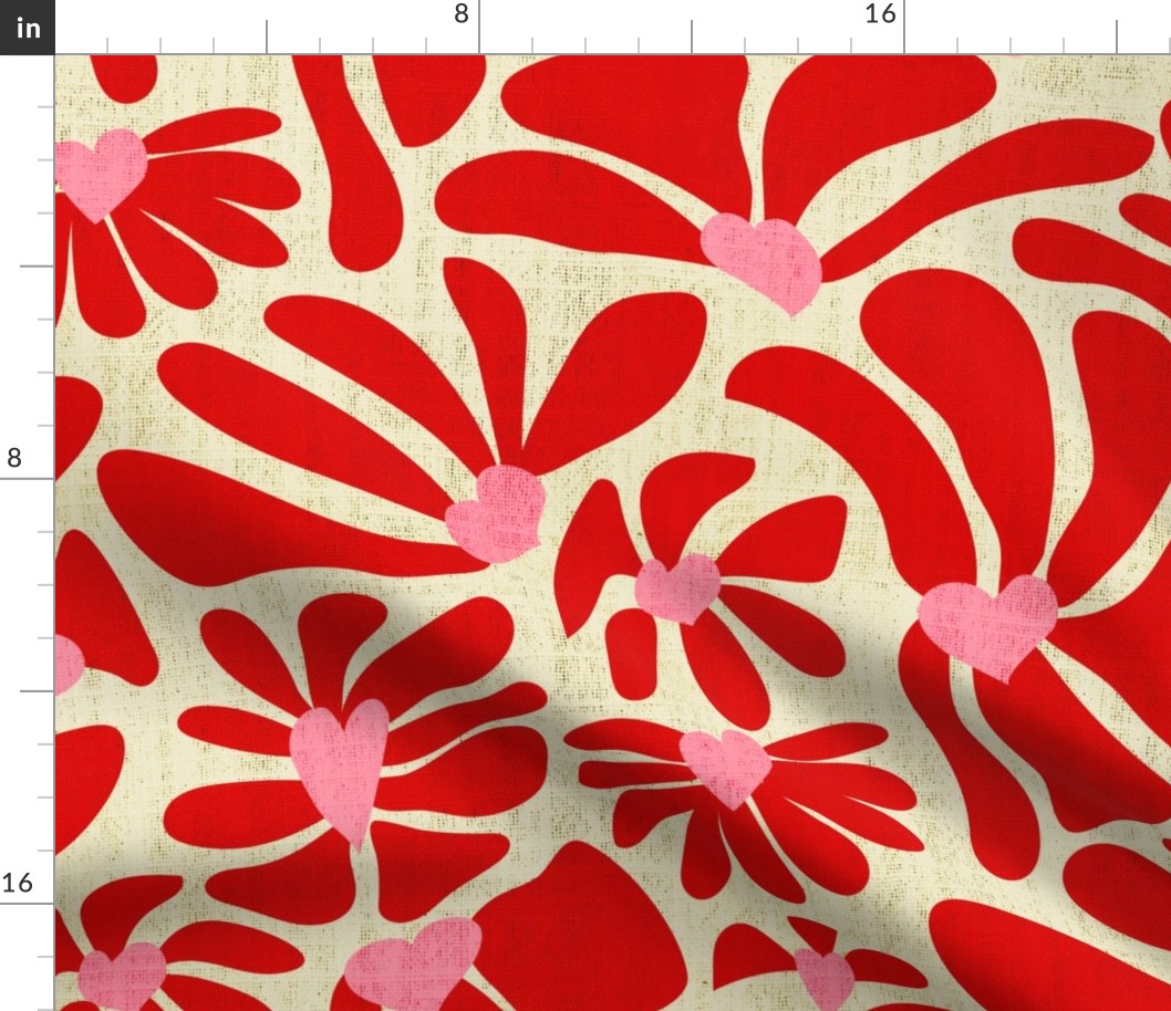 Retro Whimsy Heart Daisy- Flower Power on Eggshell - Red Pink Floral- Large Scale