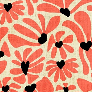 Retro Whimsy Heart Daisy- Flower Power on Eggshell - Coral Floral- Large Scale