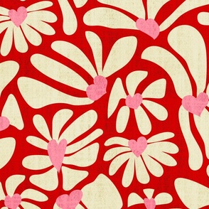 Retro Whimsy Heart Daisy- Flower Power on Red - Eggshell Pink Floral- Large Scale