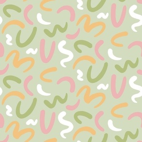 Abstract Lines  || Yellow, Peach, Green and Pink Squiggles  on Green || Hello Spring Collection by Sarah Price