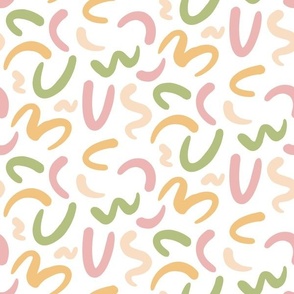 Abstract Lines  || Yellow, Peach, Green and Pink Squiggles  on White || Hello Spring Collection by Sarah Price