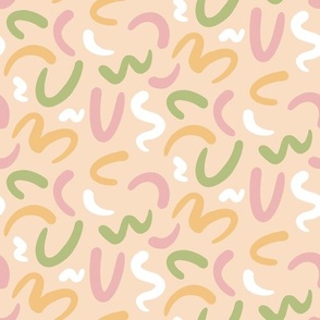 Abstract Lines  || Yellow, Peach, Green and Pink Squiggles  on Peach || Hello Spring Collection by Sarah Price