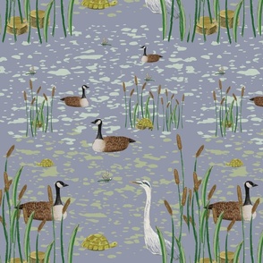 The Hangout Spot-Pond Birds in Landscape Mural or Background Quilt canadian geese, blue heron, dragon fly, blues and greens