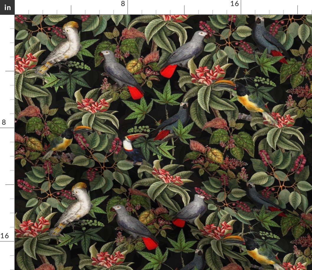  Vintage tropical parrots, exotic toucan birds, green Leaves and colorful   antique berries, Nostalgic toucan bird, Tropical parrot fabric,  - black - colorful night double layer