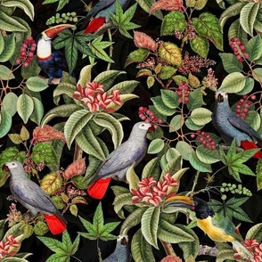  Vintage tropical parrots, exotic toucan birds, green Leaves and colorful   antique berries, Nostalgic toucan bird, Tropical parrot fabric,  - black tropical nightdouble layer