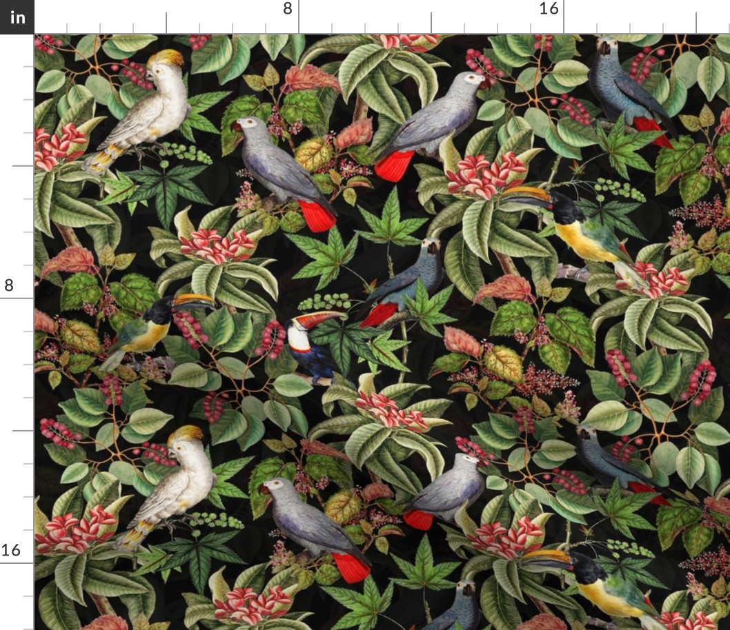  Vintage tropical parrots, exotic toucan birds, green Leaves and colorful   antique berries, Nostalgic toucan bird, Tropical parrot fabric,  - black tropical nightdouble layer