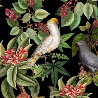  Vintage tropical parrots, exotic toucan birds, green Leaves and colorful   antique berries, Nostalgic toucan bird, Tropical parrot fabric,  - black colorful night 