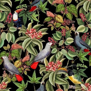  Vintage tropical parrots, exotic toucan birds, green Leaves and colorful   antique berries, Nostalgic toucan bird, Tropical parrot fabric,  - black colorful night 