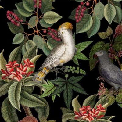  Vintage tropical parrots, exotic toucan birds, green Leaves and colorful  Dark Moody Floral  antique berries, Nostalgic toucan bird, Tropical parrot fabric,  - black