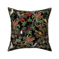  Vintage tropical parrots, exotic toucan birds, green Leaves and colorful  Dark Moody Floral  antique berries, Nostalgic toucan bird, Tropical parrot fabric,  - black