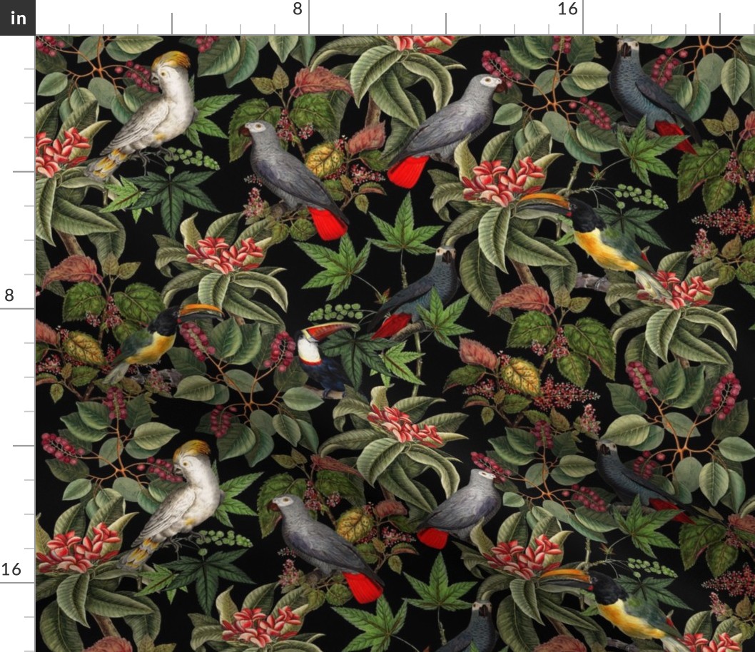  Vintage tropical parrots, exotic toucan birds, green Leaves and colorful  Dark Moody Floral  antique berries, Nostalgic toucan bird, Tropical parrot fabric,  - black