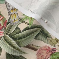  Vintage tropical parrots, exotic toucan birds, green Leaves and colorful   antique berries, Nostalgic toucan bird, Tropical parrot fabric,  - beige double layer