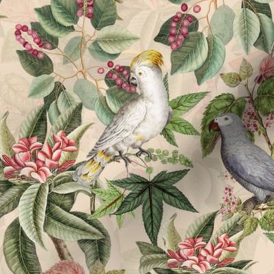  Vintage tropical parrots, exotic toucan birds, green Leaves and colorful   antique berries, Nostalgic toucan bird, Tropical parrot fabric,  - beige double layer