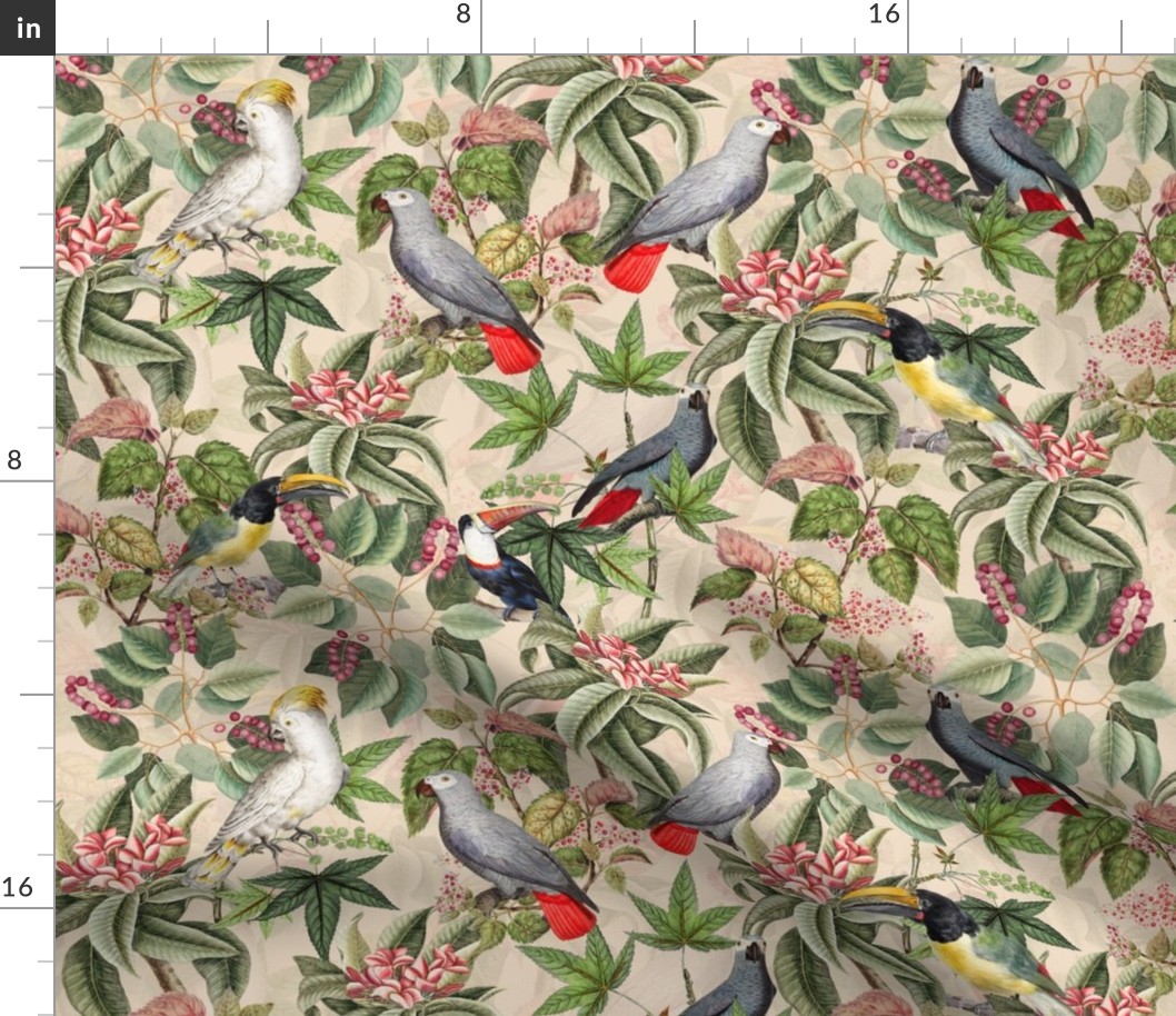  Vintage tropical parrots, exotic toucan birds, green Leaves and colorful   antique berries, Nostalgic toucan bird, Tropical parrot fabric,  - beige double layer