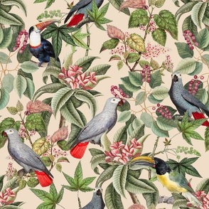  Vintage tropical parrots, exotic toucan birds, green Leaves and colorful   antique berries, Nostalgic toucan bird, Tropical parrot fabric,  - beige