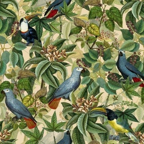  Vintage tropical parrots, exotic toucan birds, green Leaves and colorful   antique berries, Nostalgic toucan bird, Tropical parrot fabric,  - beige/green double layer