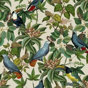  Vintage tropical parrots, exotic toucan birds, green Leaves and colorful   antique berries, Nostalgic toucan bird, Tropical parrot fabric, - beige/ green