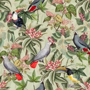  Vintage tropical parrots, exotic toucan birds, green Leaves and colorful   antique berries, Nostalgic toucan bird, Tropical parrot fabric,  - green double layer