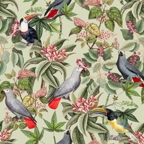  Vintage tropical parrots, exotic toucan birds, green Leaves and colorful   antique berries, Nostalgic toucan bird, Tropical parrot fabric,  -  green