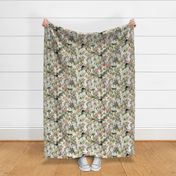  Vintage tropical parrots, exotic toucan birds, green Leaves and colorful   antique berries, Nostalgic toucan bird, Tropical parrot fabric,  - off white double layer