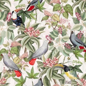  Vintage tropical parrots, exotic toucan birds, green Leaves and colorful   antique berries, Nostalgic toucan bird, Tropical parrot fabric,  - off white double layer