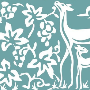 Arts & Crafts deer & grapes - close - vector - white on bluegreen182 -replace