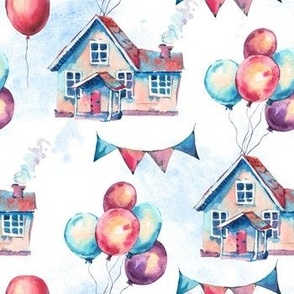 Cute house, clouds and balloons. Watercolor nursery ornament