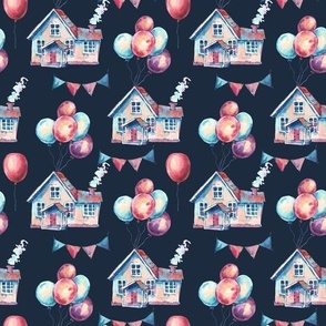 Cute house, balloons, garland on black