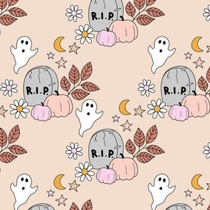 rest in peace cutesie tombstone graveyard halloween ghosts and pumpkins moon stars and daisies pink blush on tan