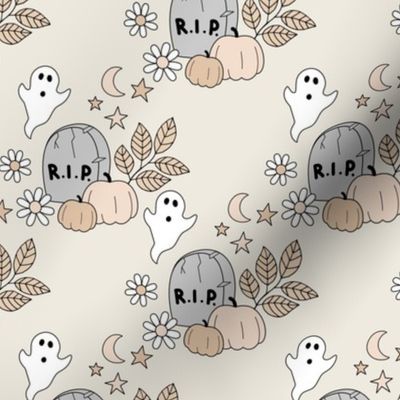 rest in peace cutesie tombstone graveyard halloween ghosts and pumpkins moon stars and daisies beige sand gray neutral vintage seventies palette