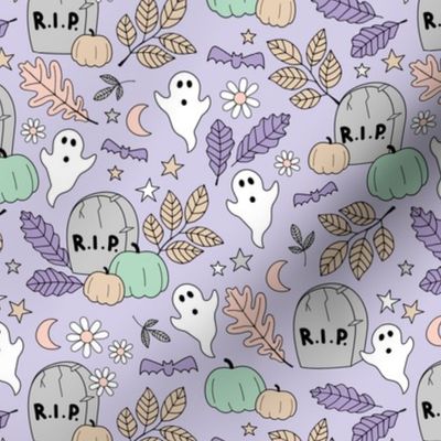 Cutesie tombstone graveyard - rip halloween ghosts and pumpkins moon stars and daisies lilac purple mint beige nineties palette