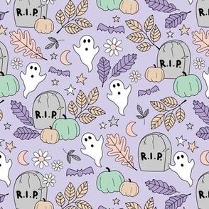Cutesie tombstone graveyard - rip halloween ghosts and pumpkins moon stars and daisies lilac purple mint beige nineties palette