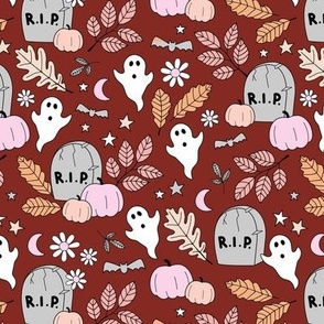 Cutesie tombstone graveyard - rip halloween ghosts and pumpkins moon stars and daisies orange pink beige on burgundy