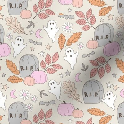 Cutesie tombstone graveyard - rip halloween ghosts and pumpkins moon stars and daisies seventies pink orange blush on sand vintage pastel palette