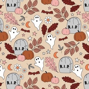 Cutesie tombstone graveyard - rip halloween ghosts and pumpkins moon stars and daisies seventies gray orange pink blush on tan 